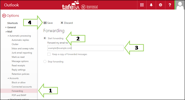 O365 Email Forwarding Step 2