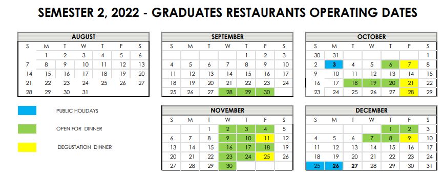 Graduates Restaurant Operating Dates, Semester 2 2022