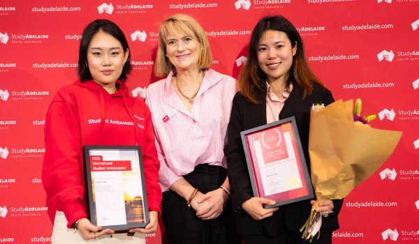 Joy Yoo (right) is pictured with Sumira Park and TAFE SA Nursing EM Katie Tucker